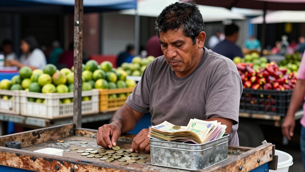 Vendedor de mercado en México cuenta monedas y billetes en su carrito, con expresión preocupada