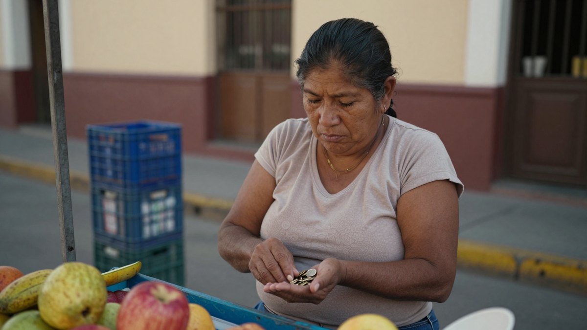 Vendedora de frutas en una calle mexicana cuenta monedas en su palma con gesto preocupado