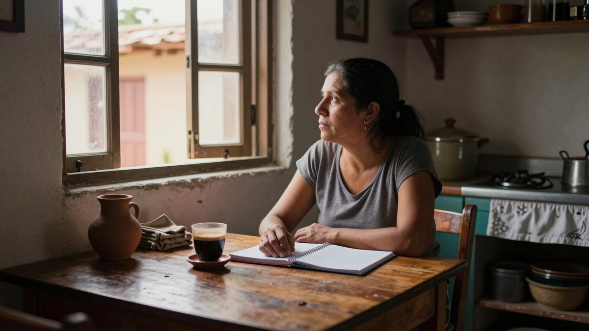 Mujer pensativa mira por la ventana en una cocina sencilla mexicana, con café y cuaderno