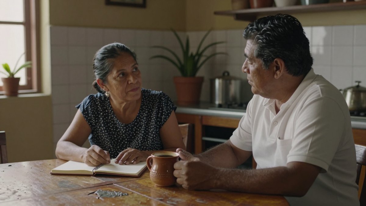 Pareja mexicana de mediana edad conversa pensativa en una mesa de madera de su cocina con café