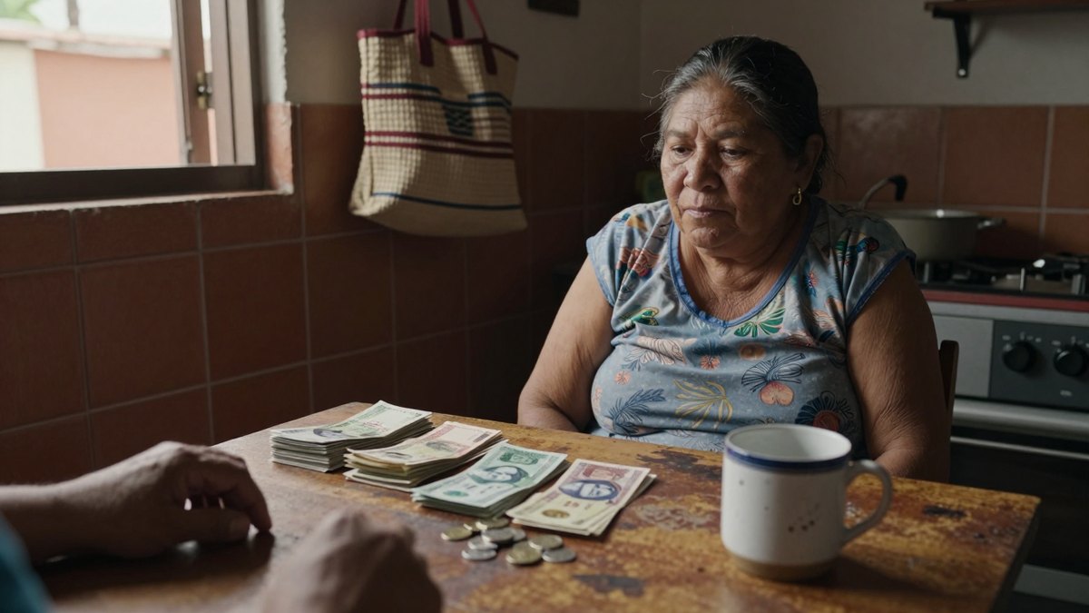 Mujer mayor mexicana sentada en su cocina frente a billetes en montones y monedas sobre una mesa de madera
