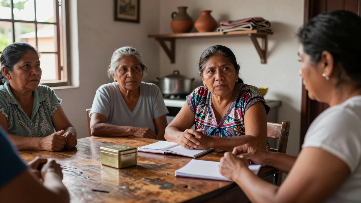 Cuatro vecinas mexicanas conversan alrededor de una mesa de madera con una libreta y una lata de ahorro