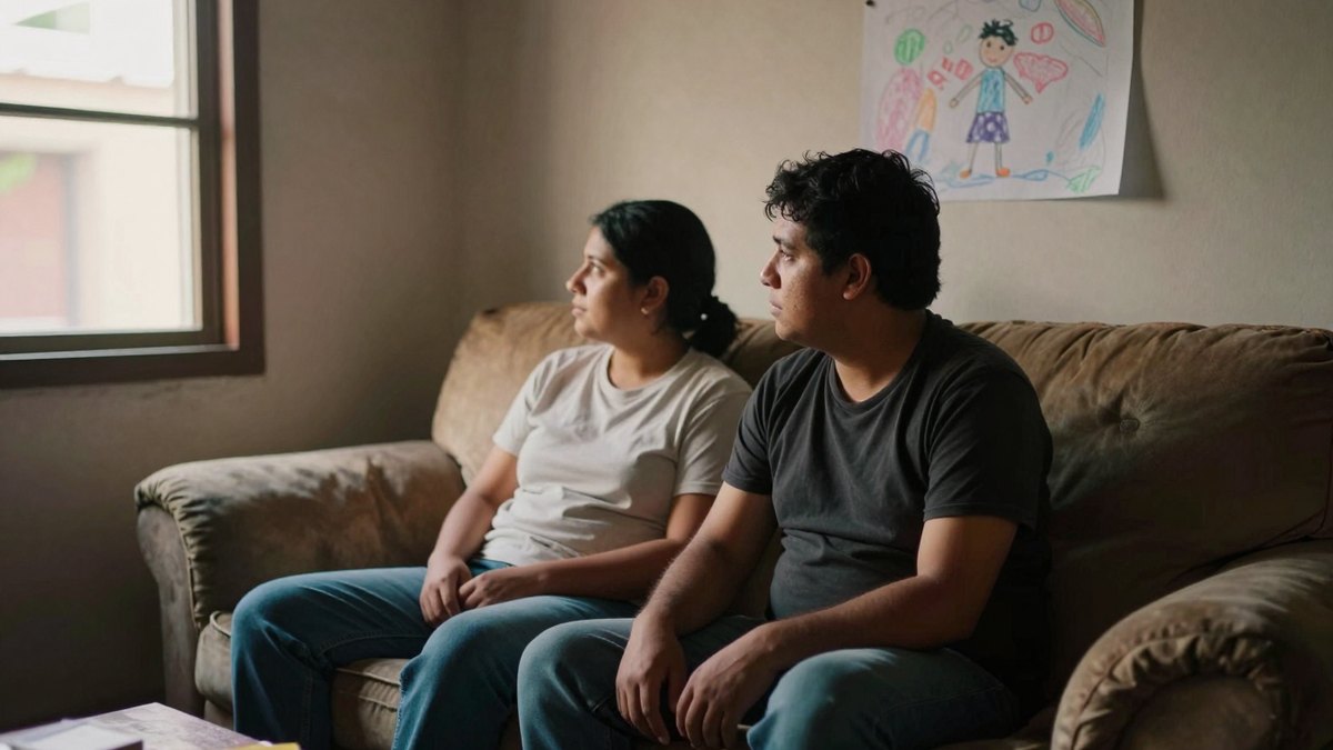 Pareja sentada en un sofá viejo mira por la ventana en una sala modesta