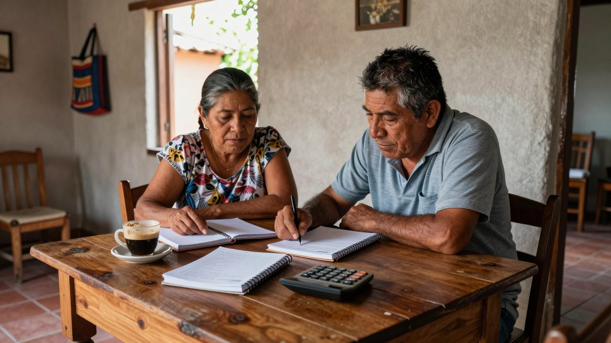 Pareja mexicana de edad madura anota gastos en libretas con una calculadora en su mesa de madera