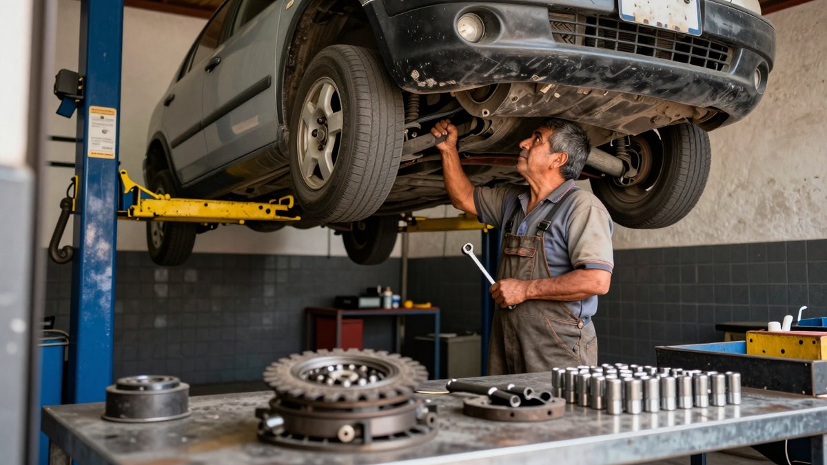 Mecánico mexicano revisa los bajos de un auto elevado en un taller, con piezas de clutch en la mesa