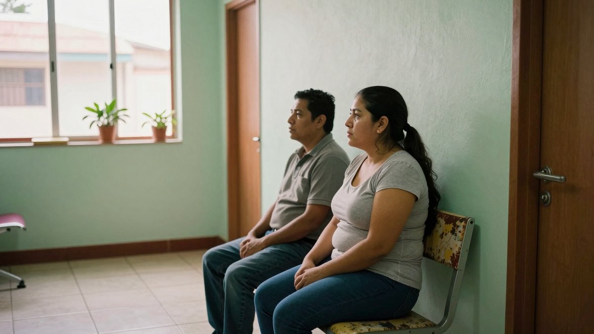 Mujer y su esposo sentados en una banca de clínica mexicana, mirando hacia el pasillo