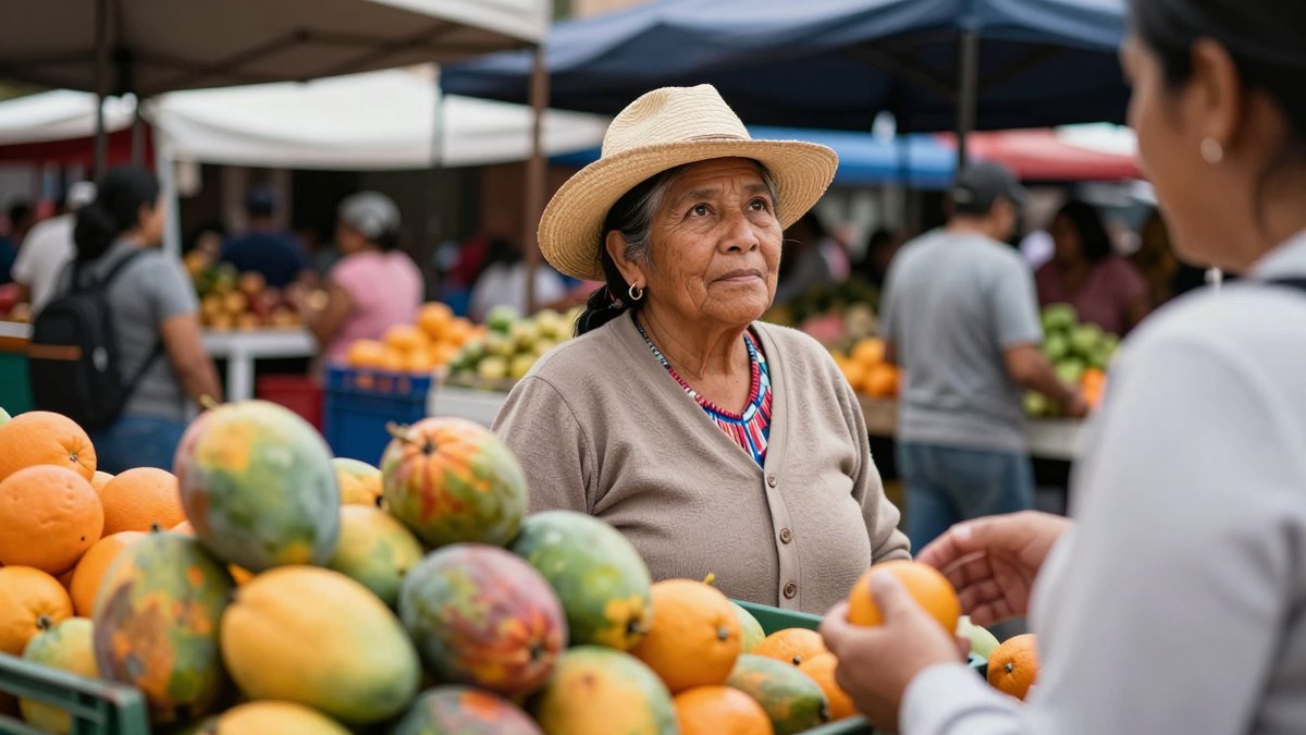 Señora mayor con sombrero de paja atiende su puesto de mangos y naranjas en un tianguis