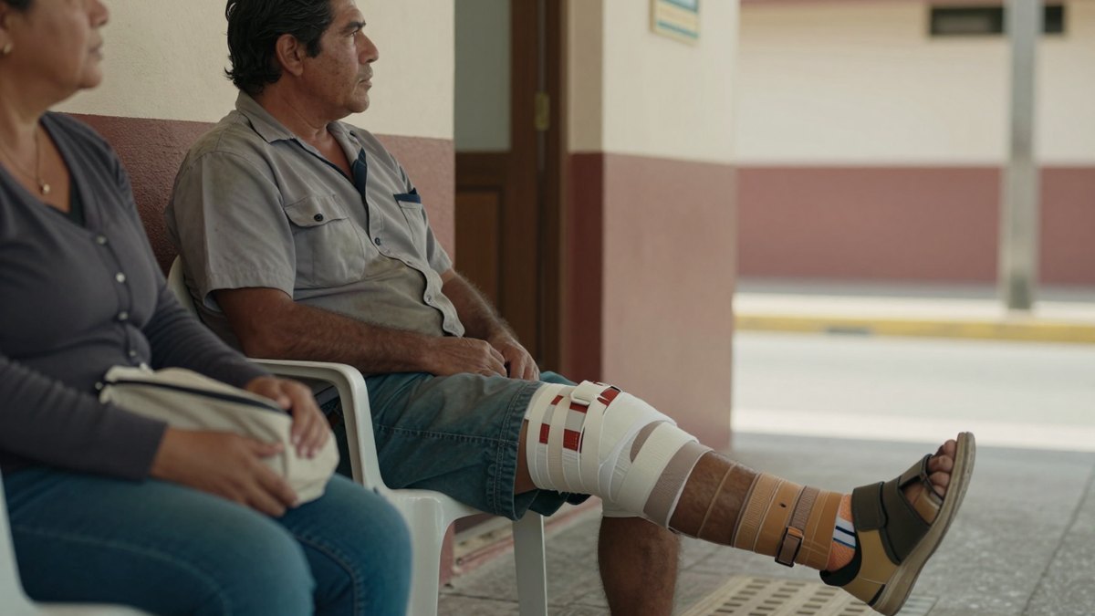 Hombre con rodillera en la pierna estirada sentado afuera de una clínica, junto a una mujer con bolsa de tela