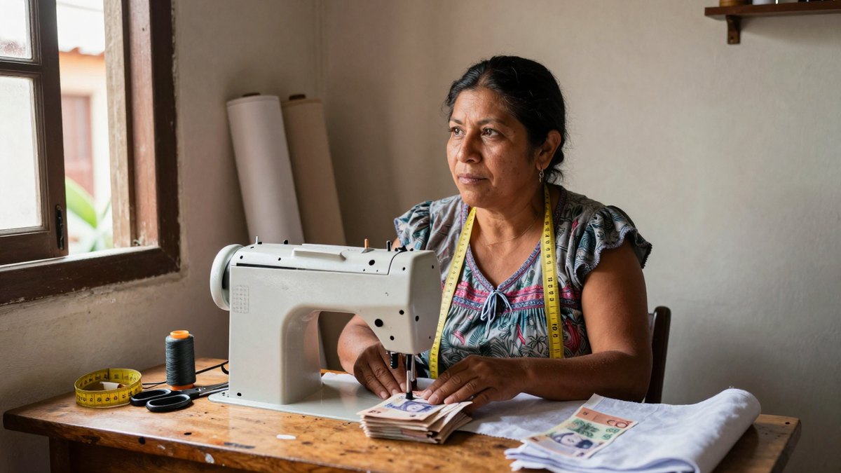 Costurera mexicana pensativa junto a su máquina de coser con billetes de pesos y cinta métrica