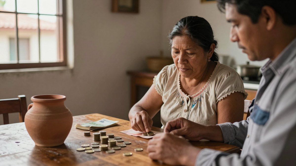 Mujer y hombre mexicanos cuentan monedas y billetes sobre una mesa de madera en su cocina