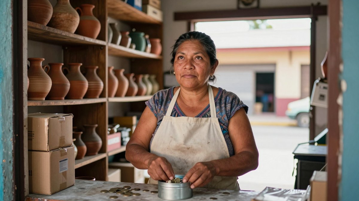 Comerciante mexicana con delantal acomoda monedas en una lata, tras el mostrador de su tienda de barrio