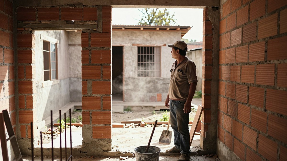 Albañil con gorra mira la casa existente dentro de los muros de ladrillo de un cuarto en construcción