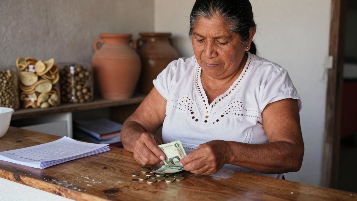 Mujer mexicana de mediana edad cuenta billetes y monedas en un mostrador de madera