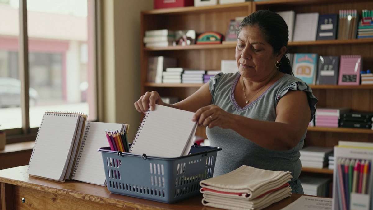 Mujer mexicana acomoda cuadernos y lápices en una canasta sobre el mostrador de una papelería de barrio