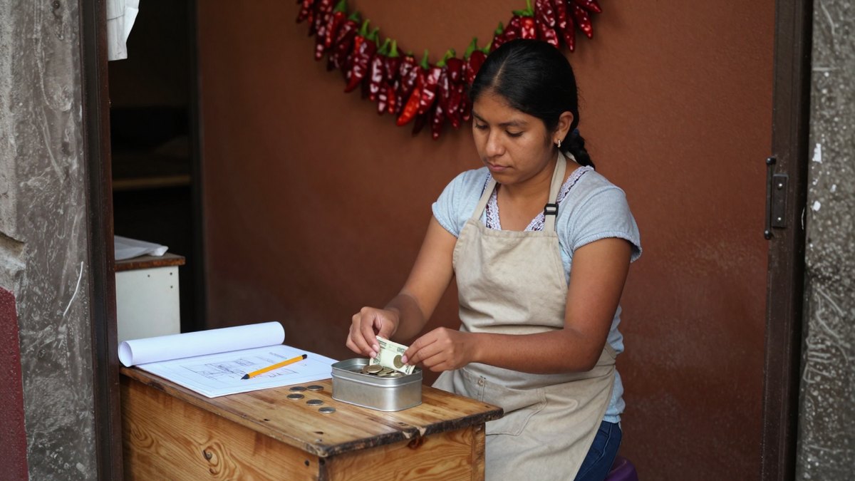 Joven mexicana con delantal cuenta monedas y billetes en una lata junto a planos enrollados