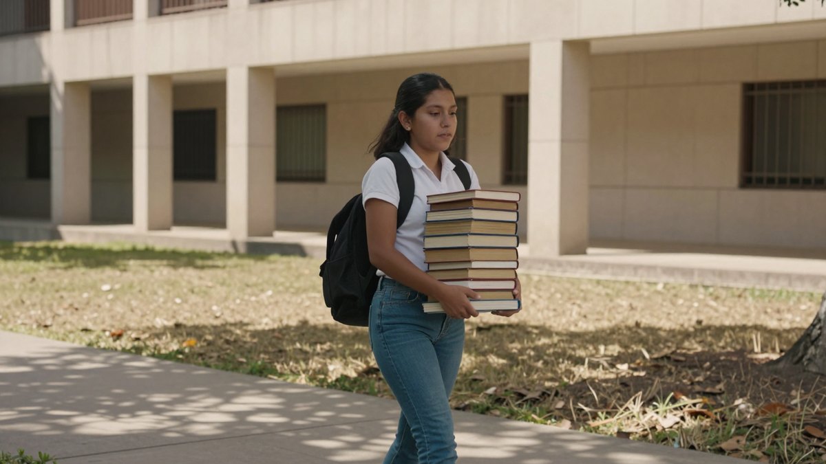 Estudiante de derecho camina por un patio universitario soleado cargando una pila de libros y mochila