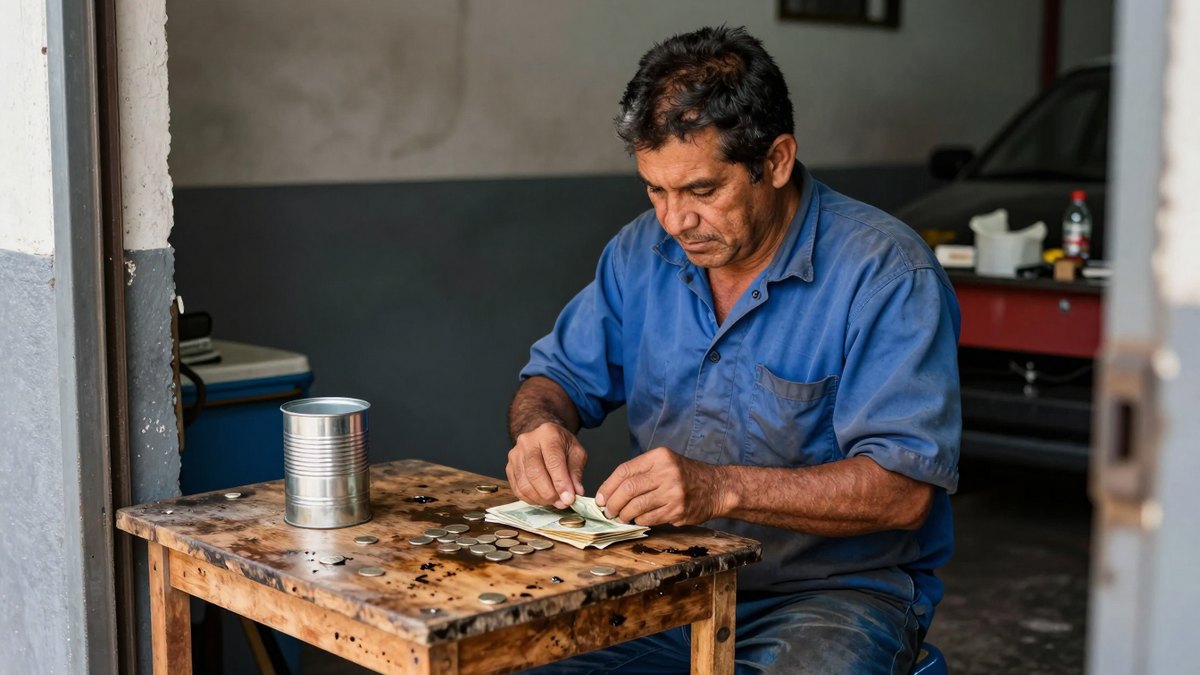Mecánico mexicano con camisa azul cuenta monedas y billetes sobre una mesa de madera en su taller