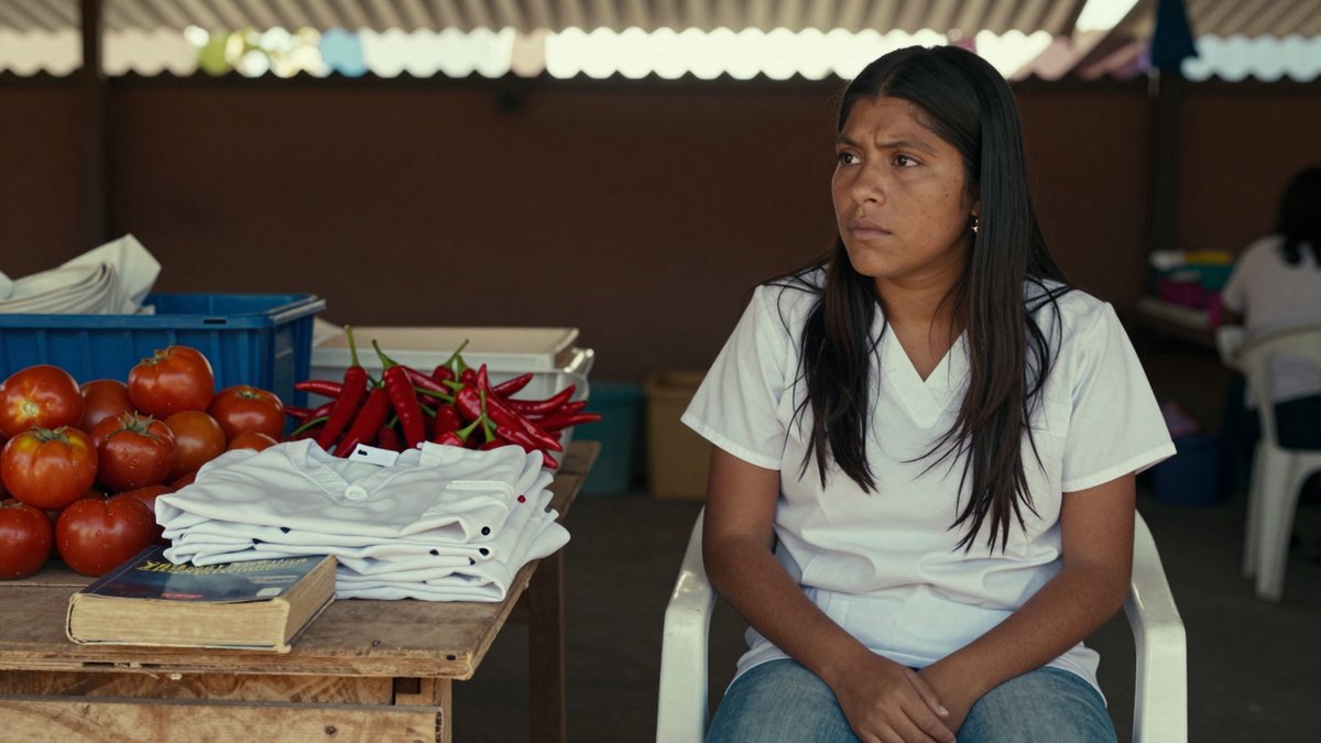 Joven mexicana con uniforme blanco de enfermería sentada en un puesto de mercado junto a jitomates, chiles y un libro