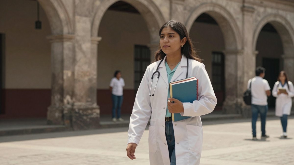 Estudiante mexicana de medicina con bata blanca y estetoscopio cruza un patio universitario con arcadas de piedra