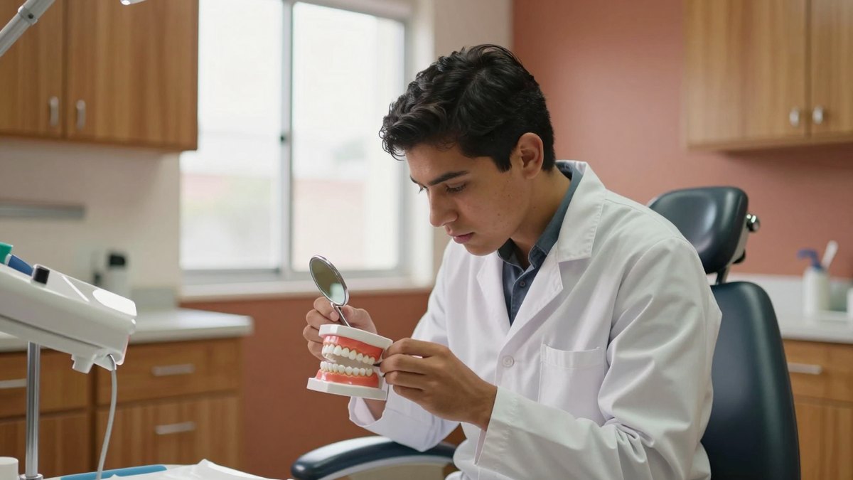 Estudiante de odontología con bata blanca examina un modelo dental con espejo en clínica universitaria