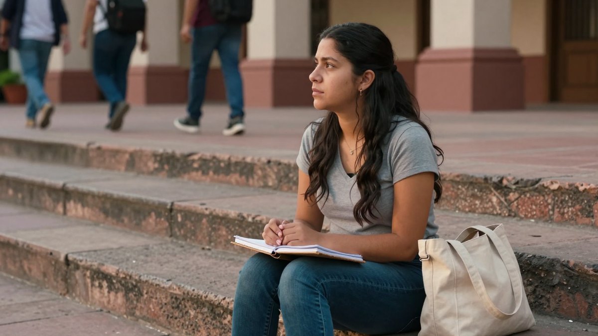 Joven universitaria mexicana sentada en escalinatas de cantera con cuaderno y bolsa de tela, pensativa