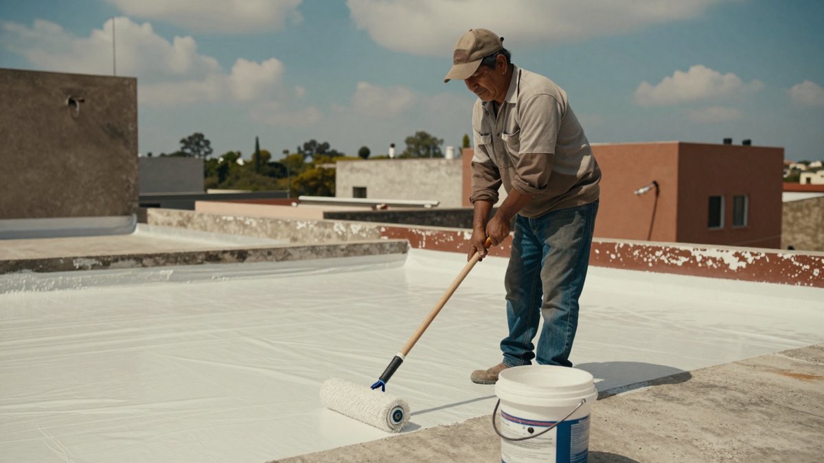 Impermeabilizador mexicano con gorra aplica recubrimiento blanco con rodillo en una azotea de concreto
