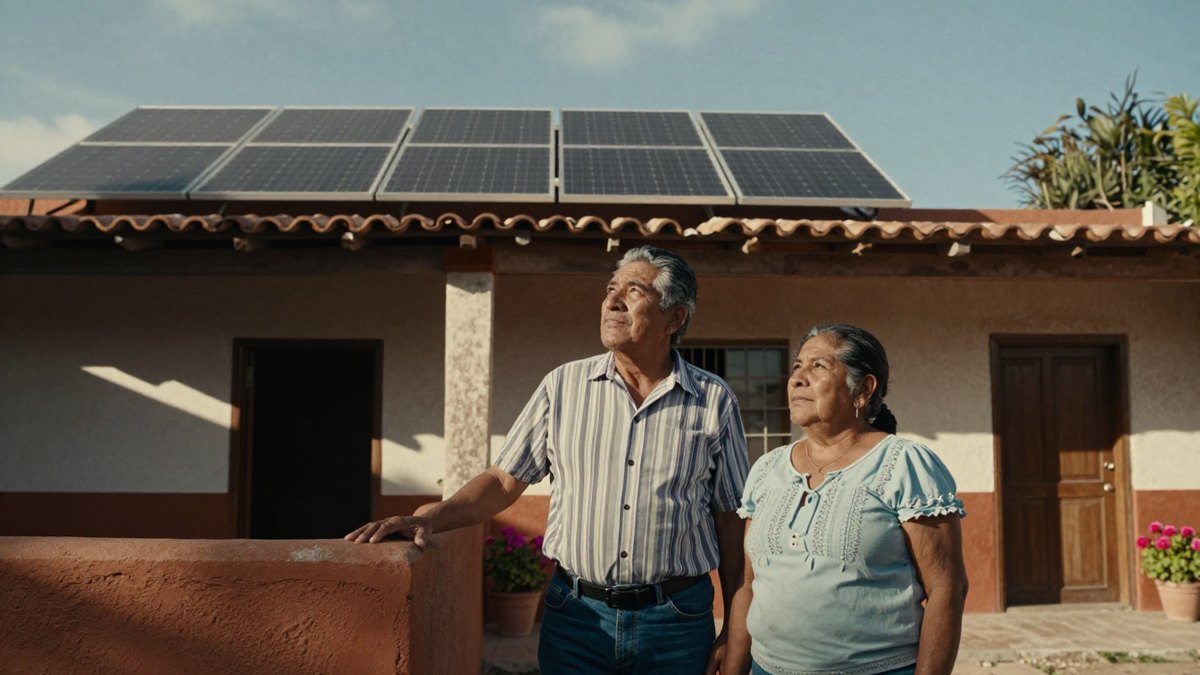 Pareja mexicana mayor mira con satisfacción los paneles solares en el techo de su casa de un piso