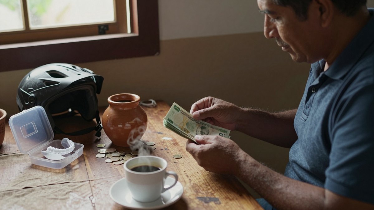 Repartidor mexicano cuenta billetes en una mesa de madera junto a casco, jarro de barro y estuche de alineadores
