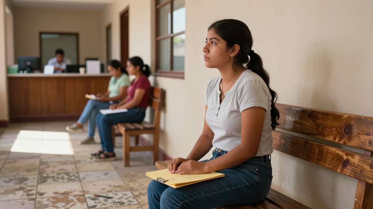 Joven mexicana sentada en banca de madera con carpeta, esperando en oficina de trámites