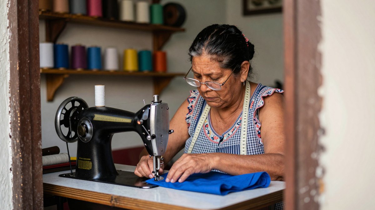 Costurera mexicana con lentes cose tela azul en máquina antigua dentro de su taller