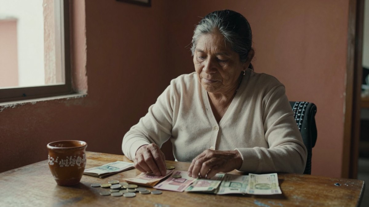 Mujer mayor mexicana con cárdigan cuenta billetes y monedas en una mesa de madera junto a una taza de barro