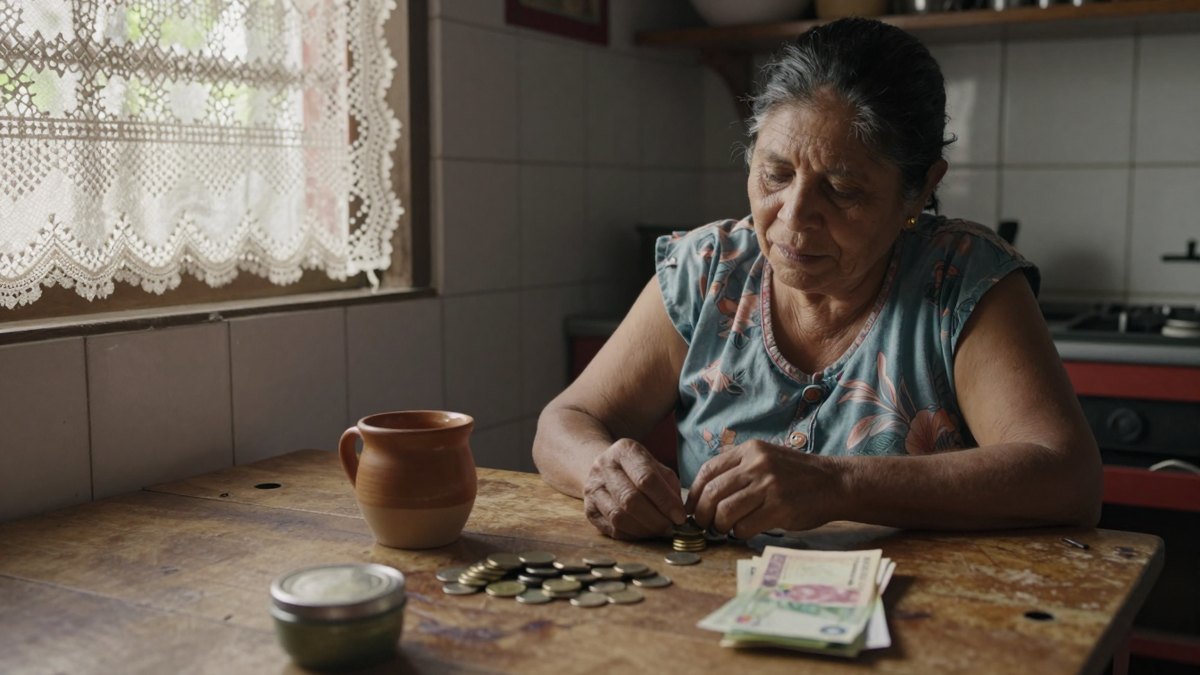 Mujer mayor en una cocina mexicana cuenta monedas y billetes sobre una mesa de madera