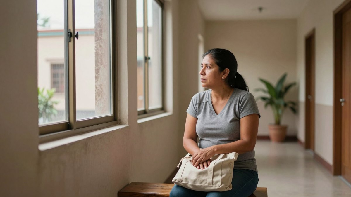Mujer mexicana pensativa sentada en una banca de madera en un pasillo luminoso de clínica, mirando por la ventana