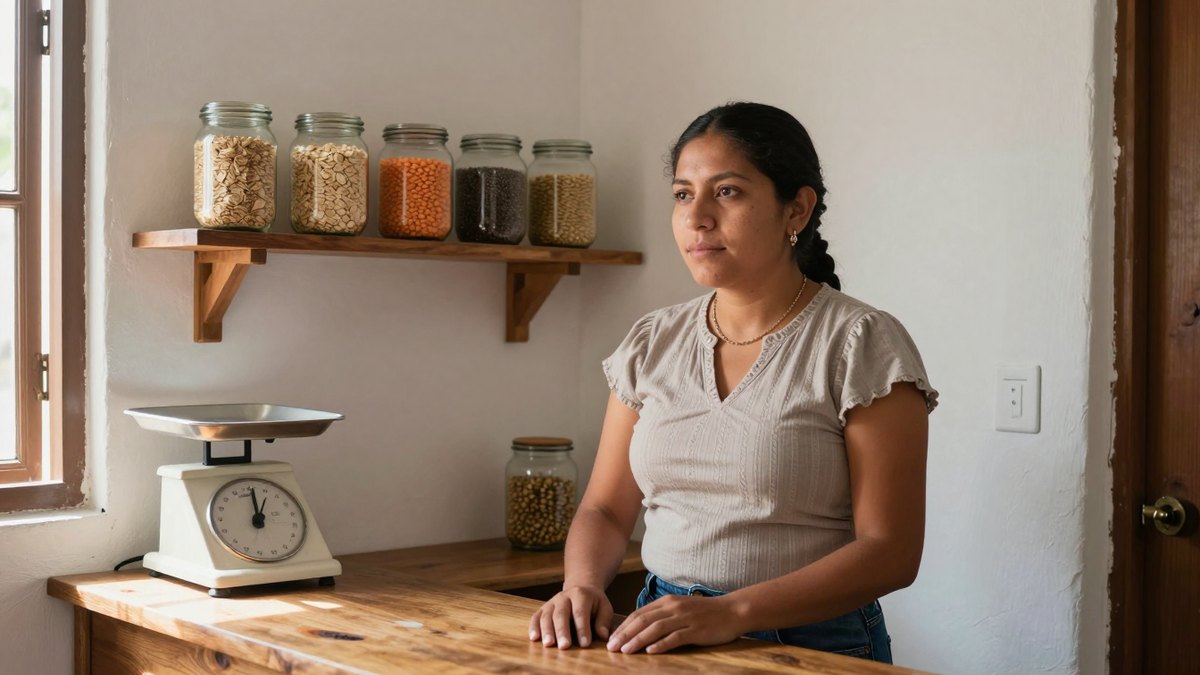 Nutrióloga mexicana en su consultorio nuevo, con frascos de avena y lentejas y una báscula