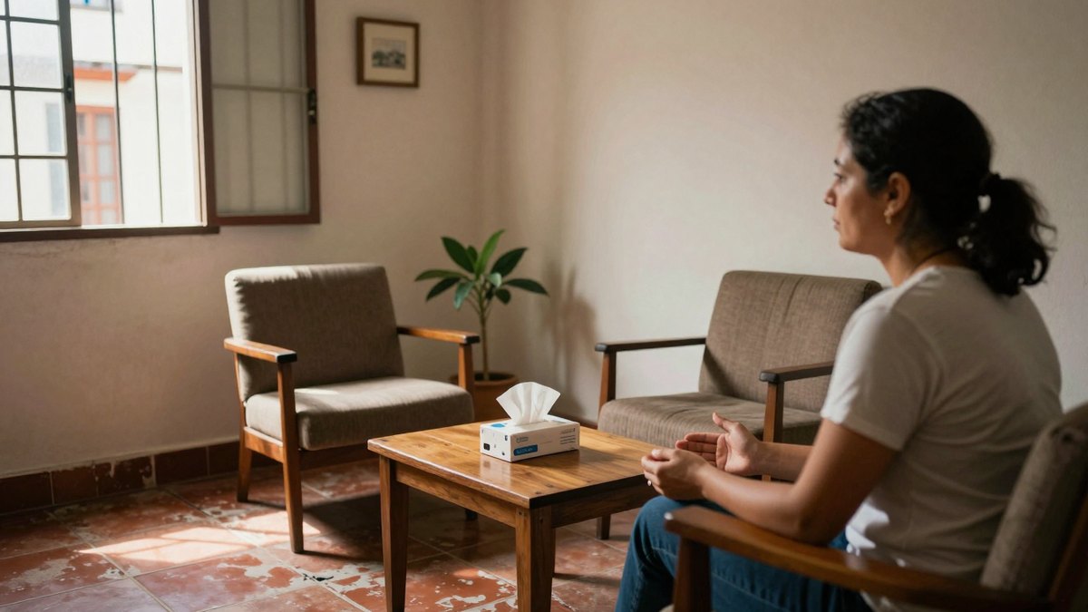 Psicóloga sentada de perfil en un consultorio sencillo con dos sillones, mesa de madera y planta