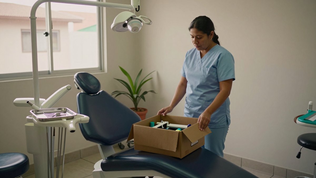 Dentista mexicana con filipina azul desempaca una caja de equipo junto al sillón dental de su consultorio