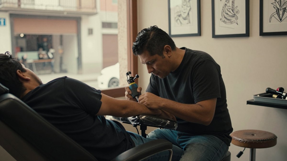 Tatuador mexicano trabaja el antebrazo de un cliente recostado en un estudio con luz de ventana