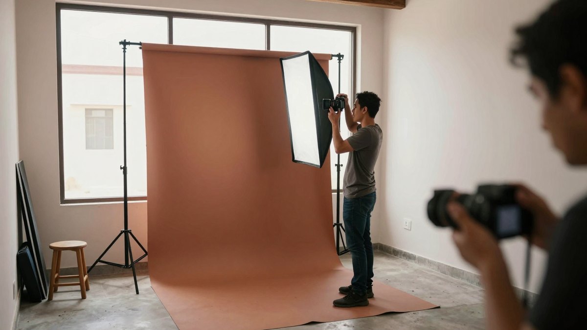 Fotógrafo mexicano ajusta un softbox junto a un fondo de papel terracota en un estudio pequeño