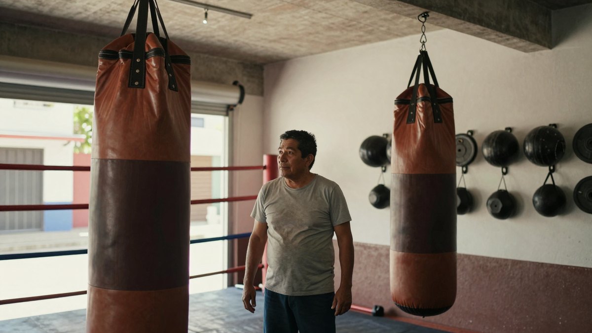Dueño de un gimnasio de boxeo mexicano mira un costal de cuero en su local