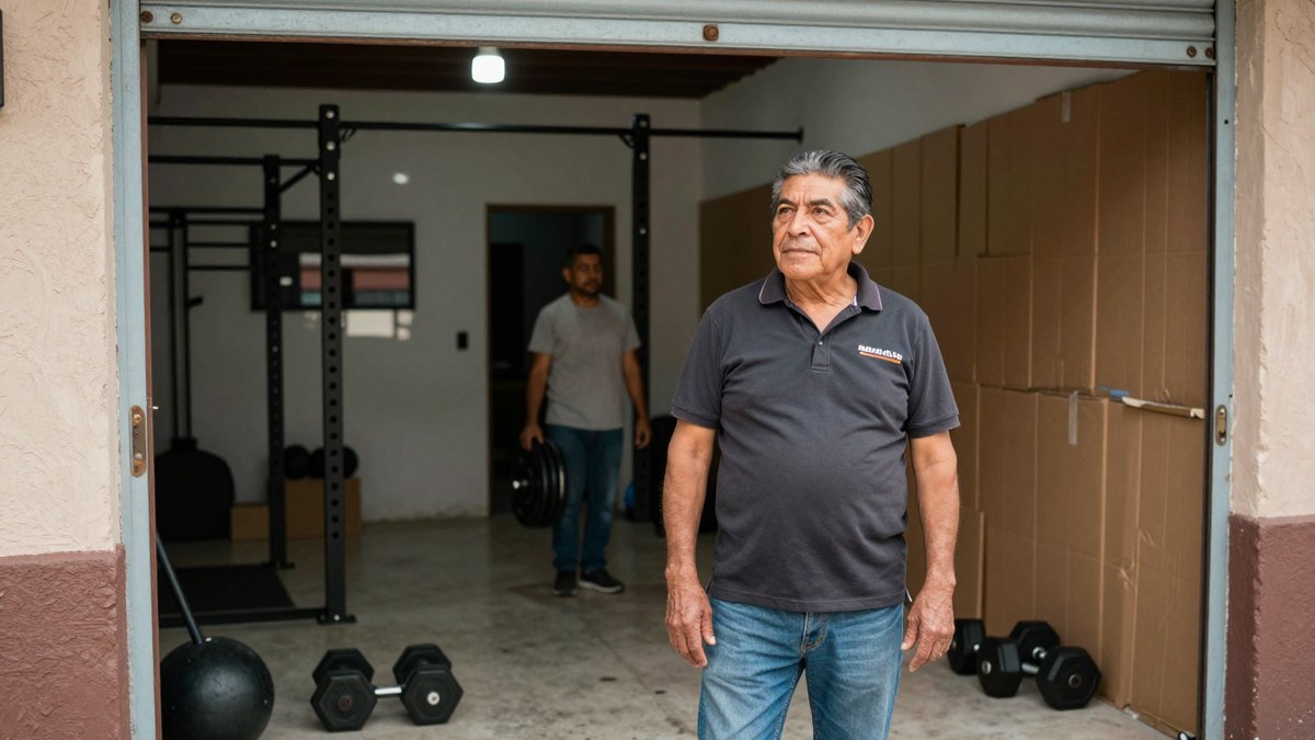 Dueño mexicano de gimnasio recién abierto mira su local con cajas, mancuernas y un trabajador al fondo