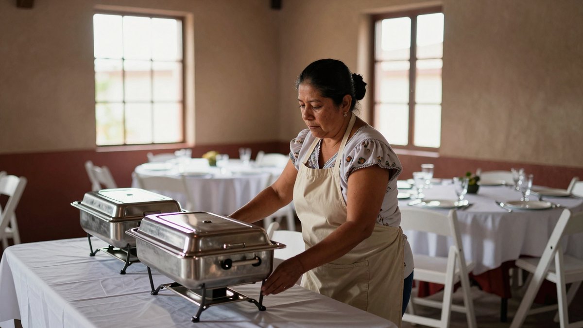 Mujer mexicana con delantal acomoda la mesa de chafing dishes en un salón de banquetes