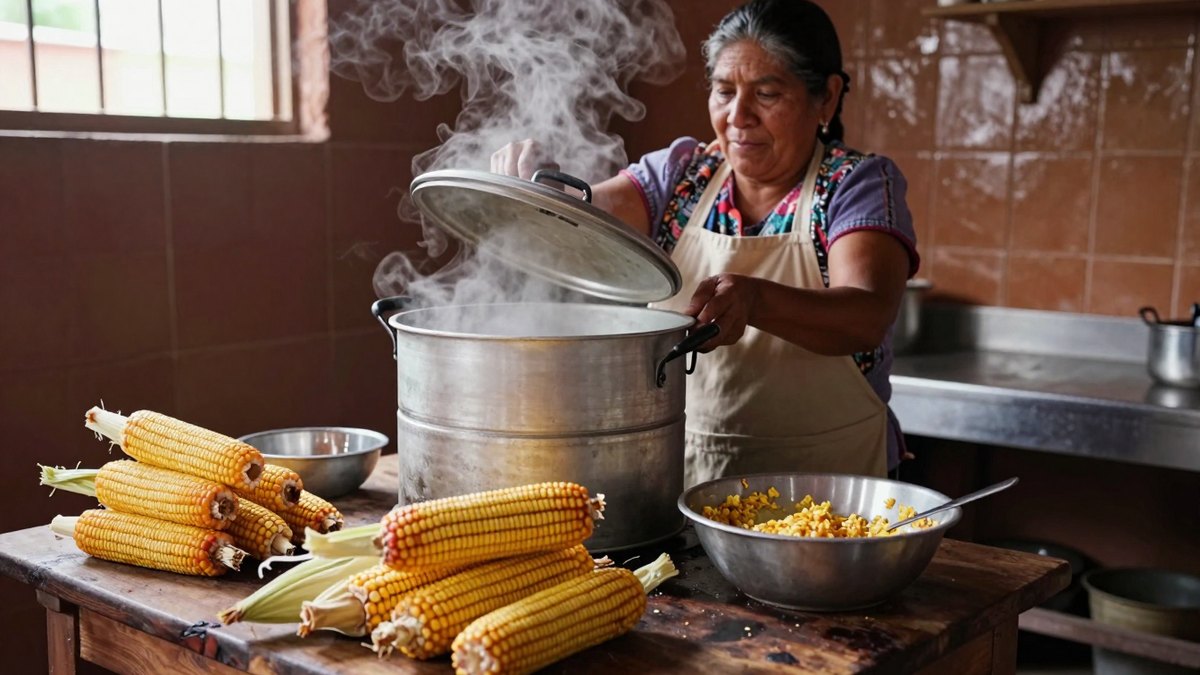 Mujer mexicana con delantal destapa una olla grande de vapor en una cocina familiar con mazorcas
