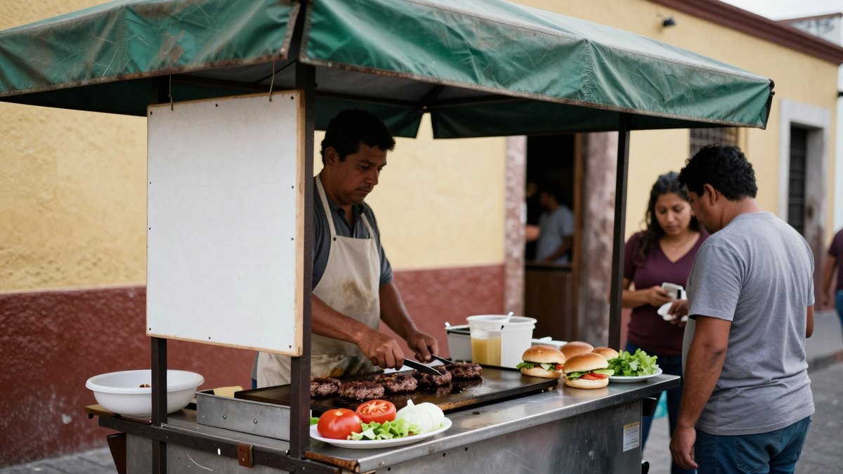 Vendedor asando hamburguesas en plancha de un puesto con toldo verde, con clientes esperando en la calle