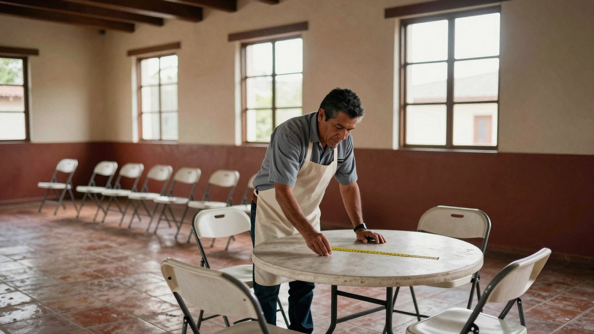 Hombre mexicano con delantal mide una mesa redonda en un salón vacío con sillas plegables