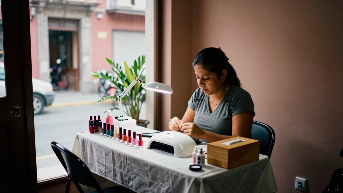 Manicurista mexicana trabaja en su mesa con esmaltes y lámpara UV junto a una ventana a la calle