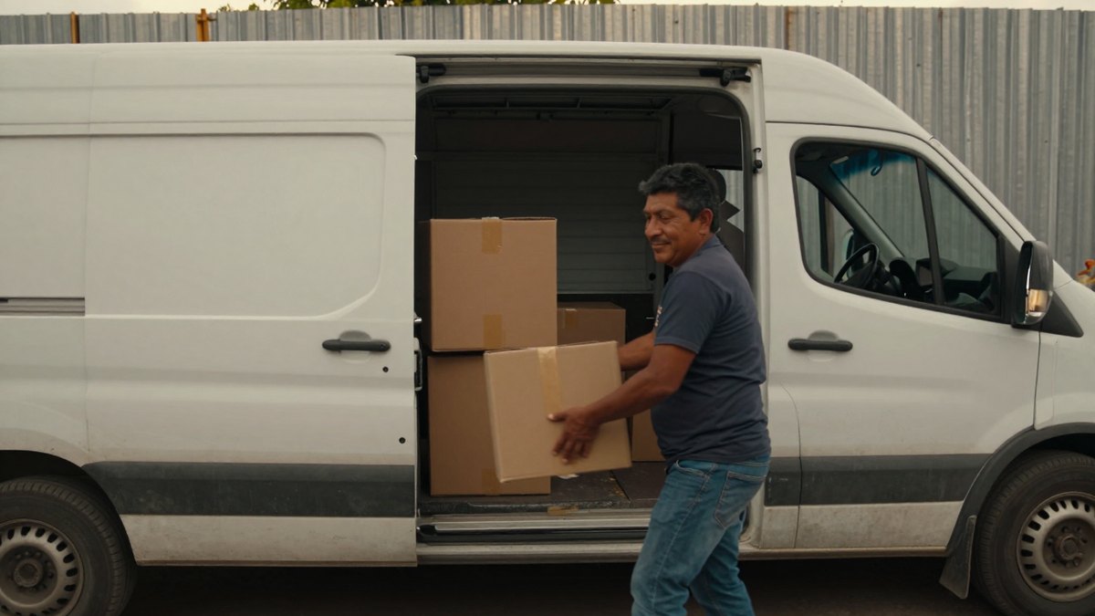Hombre mexicano carga cajas de cartón en una camioneta de carga blanca estacionada en la calle