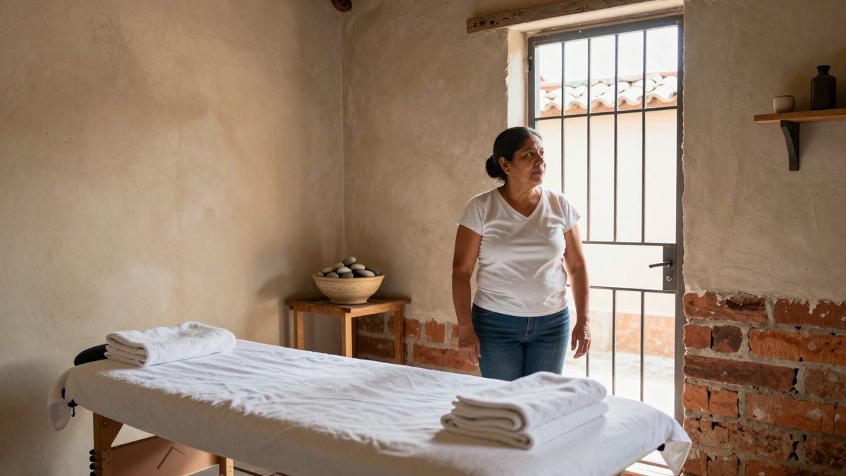 Dueña de un spa pequeño en un cuarto en obra con camilla, toallas y piedras
