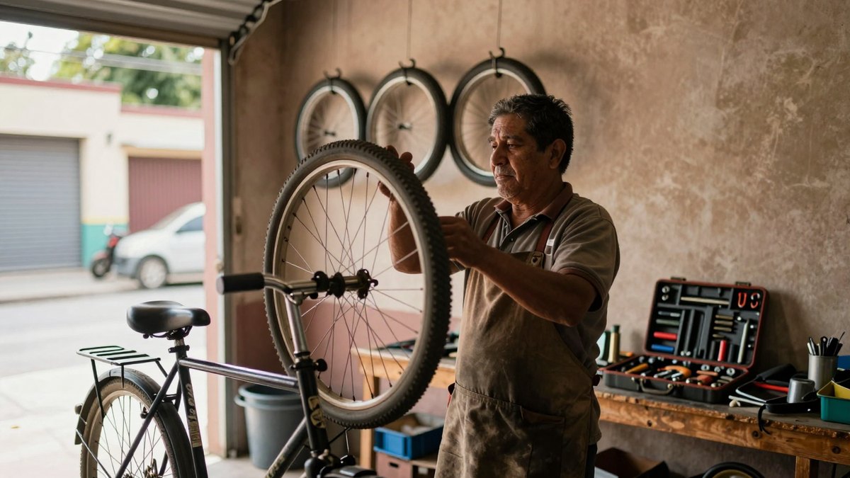 Mecánico mexicano con delantal revisa una rueda de bicicleta en su taller con la cortina abierta