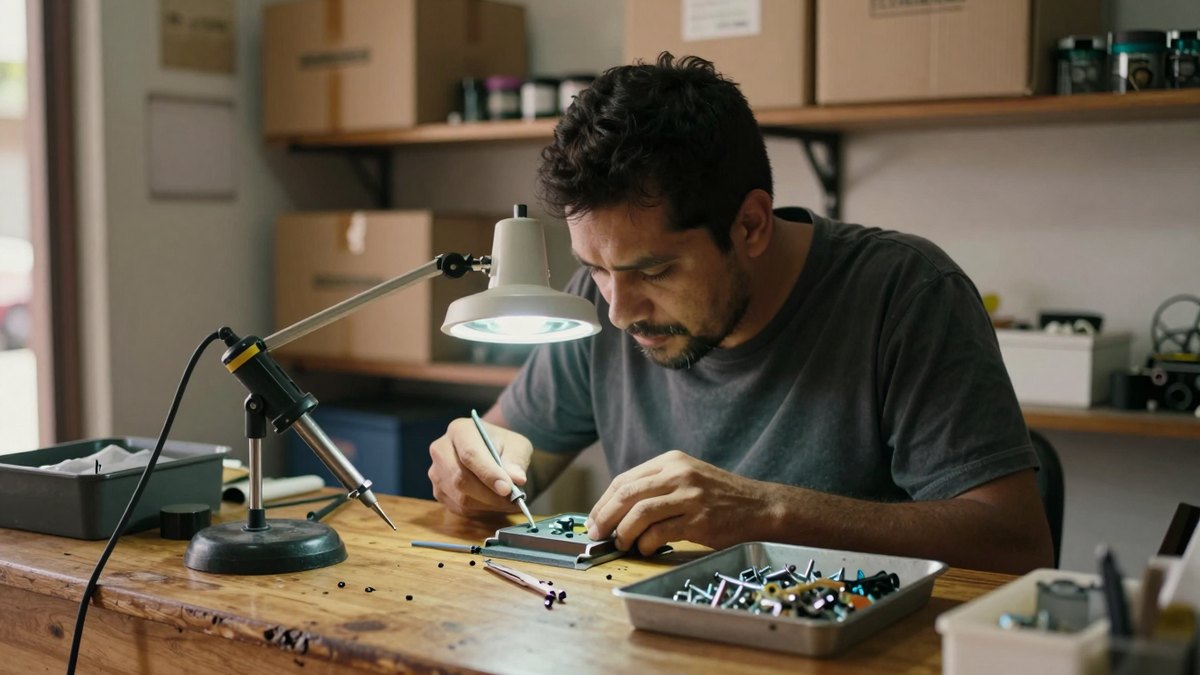 Técnico con barba repara un celular con lupa y soldador sobre mesa de madera en su taller