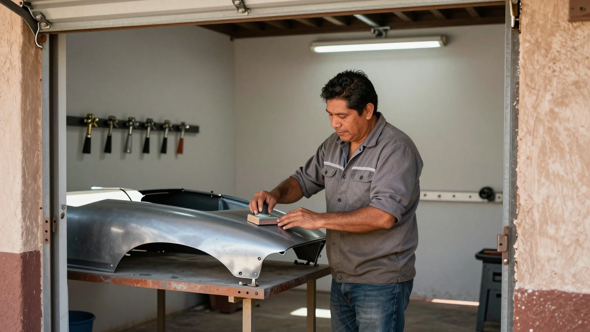 Hojalatero mexicano lija con taco una salpicadera de metal en su taller con cortina abierta